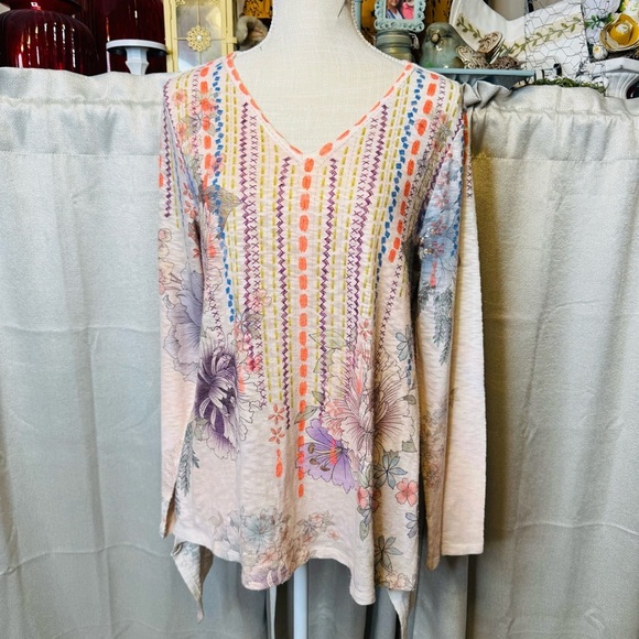 Cupio Purple and Cream Asymmetrical or Shark Bite Hem Long Sleeve Tunic Large - Picture 2 of 10